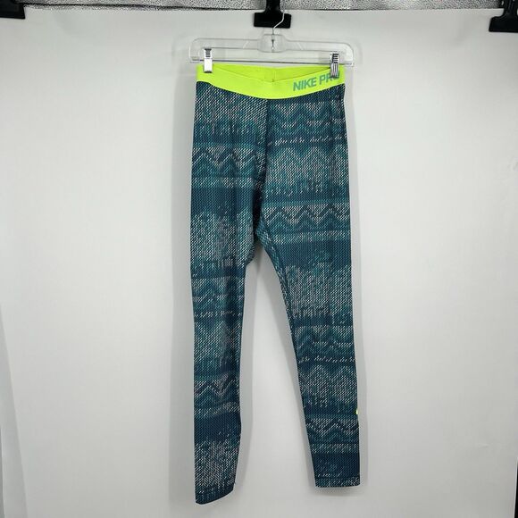 Womens NIKE Pro Dri Fit Leggings M Blue Green Geometric 622317-483 Workout - Picture 1 of 15
